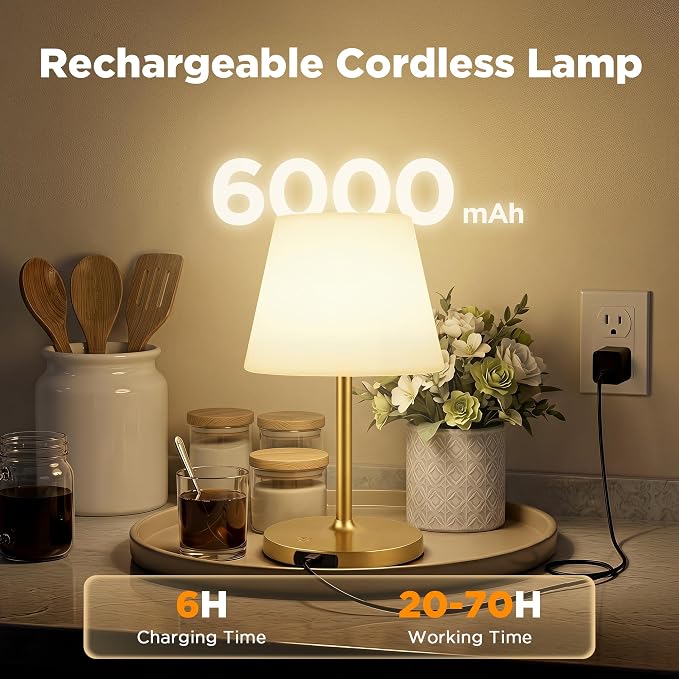 LUTEC Shower Lamp Waterproof, 6000mAh Rechargeable Cordless Table Lamp with 3 Color Temps and Stepless Dimming, Touch Control & Portable LED Nightlight for Bathroom, Desk, Outdoor(Gold)