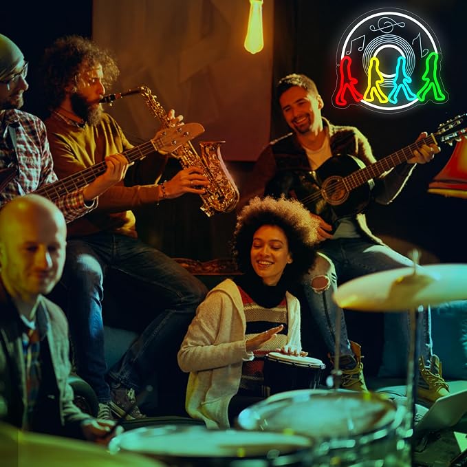 Rock Band Neon Sign for Wall Decor Four People Walking Neon Light Man Cave | Dimmable Neon,Fans Birthday Gifts,Led 5V USB Powered,Record Studio,Music Room Decor,Business Music Bar Pub Art,13.7*12.4in