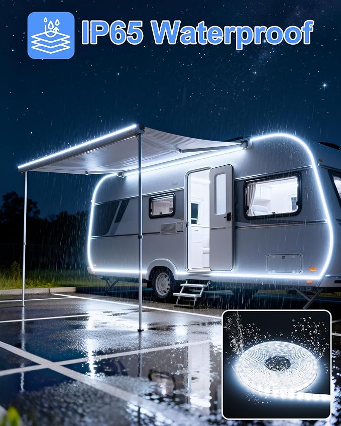 IP65 RV Awning LED Light Strip 12V 20FT for Exterior RV Capony Camper | Camper Lights for Motorhome Travel Trailer Concession Stands Food Trucks, Waterproof RV Exterior Underglow, Daylight White