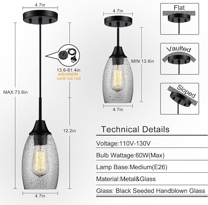 Viinew Mini Glass Pendant Light,1-Pack Black Seeded Glass Pendant Light | Handblown Grey Seeded Art Oval Glass Shade Adjustable Cord Lamp Ceiling Pendant Light Fixture for Kitchen,Dining,Bedroom