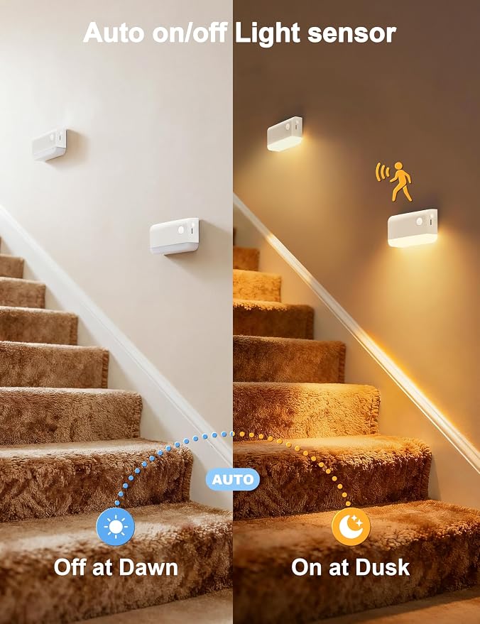 Motion Sensor Stair Lights Indoor, 3 Pack Rechargeable Wireless Step Lights with 3 Color Temperatures, 1200mAh Battery, Magnetic Base for Hallway, Closet, Bathroom, White