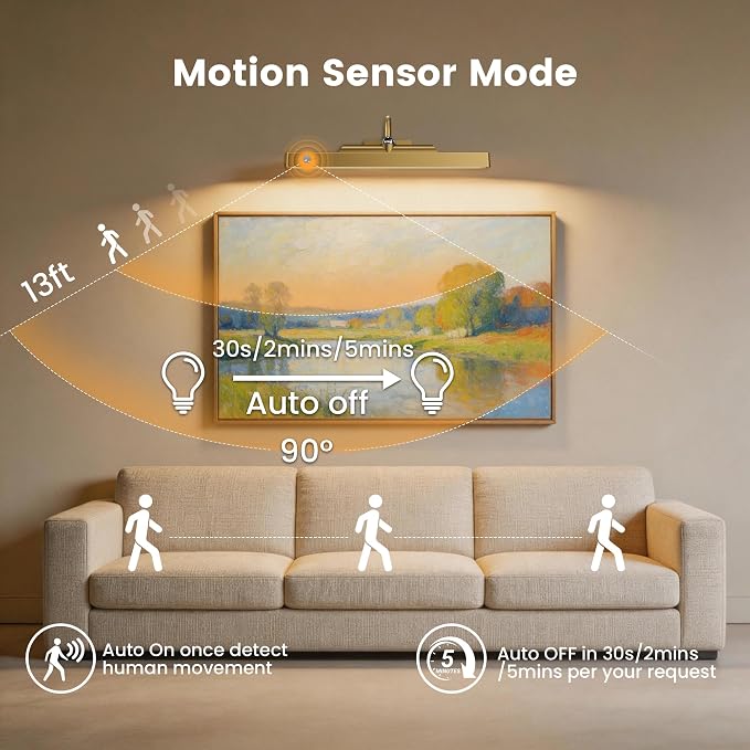 Rechargeable Motion Sensor Picture Light for Wall, 12 Inch, Brass, 2 Pack | Cordless, Magnetic Detachable Bar, Remote Control, 3CCT Dimmable, 4400mAh, for Artworks Paintings