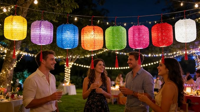 10PCS Colorful Paper Lanterns 6inches Oval Shaped with LED Lights Hollow Out Hanging with Tassels Walking Sticks for Dinner Party Outdoor Holiday and Birthday Decorations