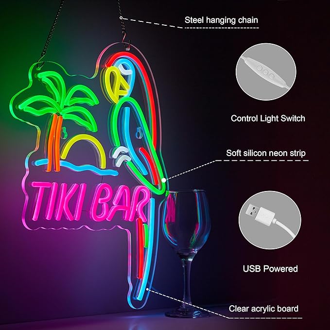 ZODZ Tiki Bar Parrot Neon Light Sign for Wall Décor Hawaii Pool Tiki Bar Party Dimmable Switch LED Lights with USB Powered for Man Cave Decor Gift.