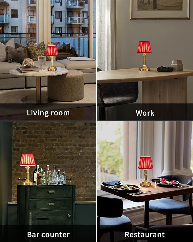 KDG Gold Cordless Table Lamps Set of 2, Red Fabric Shade Small Desk Lamp | Portables 4000mAh Battery Powered, LED Lighting, 2700K Stepless Dimmable, Light for Living Room, Dining Room, Bedroom