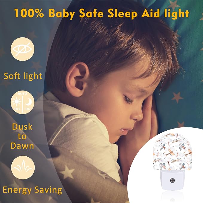 Funny Cartoon Airplanes Night Light, Retro Watercolor Planes Dusk to Dawn Night Light Plug in,0.5w Energy Saving Sleep Friendly NightLight for Kids Boys Girls Home Decor