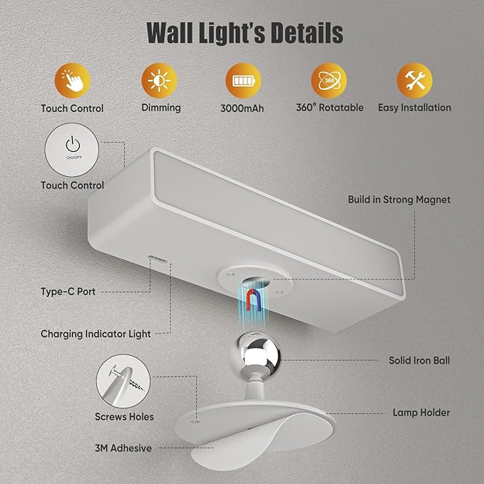 Honalia Rechargeable Wall Lights 2 Pack, Dimmable Wall Mounted Lamp with Magnetic 360 Rotation & Touch Control, Battery Operated Cordless Wall Sconce for Bedroom Bedside Reading