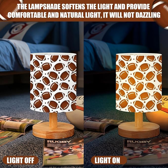 Football Kids Table Lamp for Bedroom Kids Bedside Lamp with Linen Wooden Nightstand Cartoon Nursery Lampshade for Girls Boys Living Room