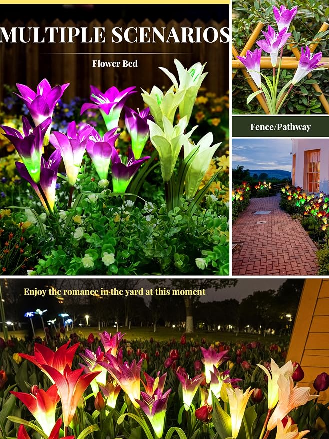 GIGALUMI Solar Outdoor Flower Lights, 4 Pack Waterproof Solar Garden Light, Color-Changing Outdoor Light, Solar Lily Flower, Unique Gifts for Dear Mother(2 Purple, 1 Red, 1 White)