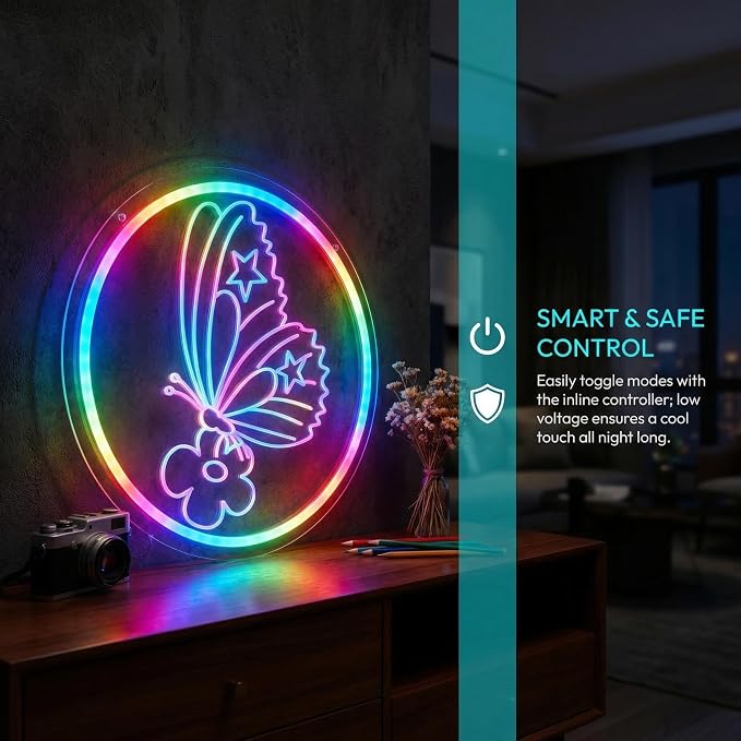 Butterfly Decorations - Single Color/Multi-Color Dimmable Neon Sign | 13“ x 13” 6.5ft USB Powered Kids Bedroom Art, Unique Birthday Gifts for Girls Boys