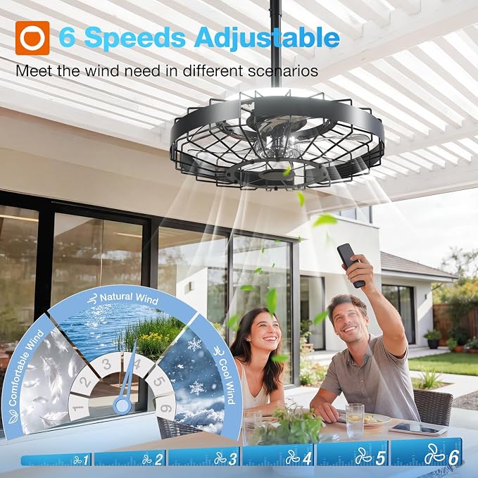 addlon 20" Outdoor Ceiling Fan with Light for Patio, IP65 Plug in Caged Fan | Waterproof, Hanging, Reversible DC Motor, 6 Speeds, Remote/APP Control, Quiet Operation, Timer, for Gazebo, Patio, Porch