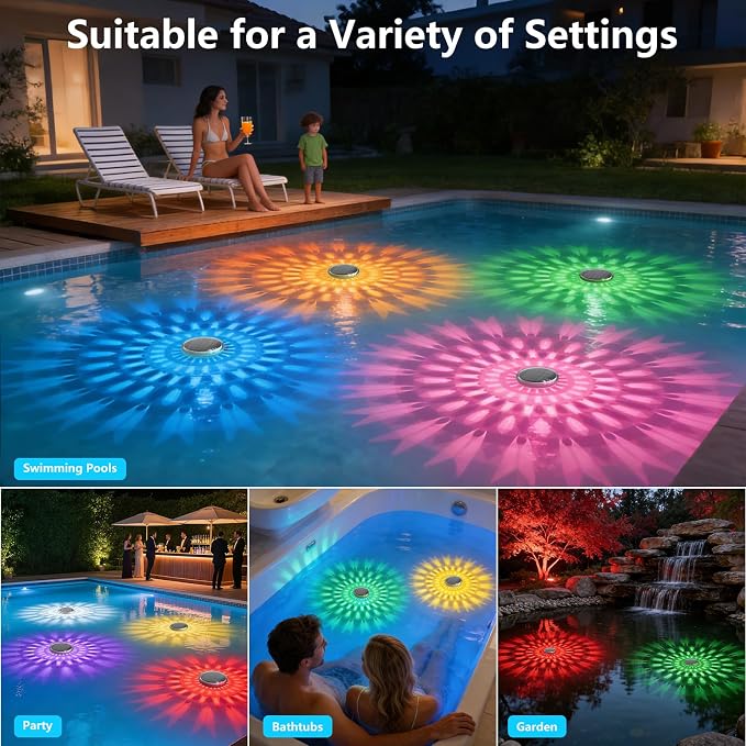 Solar Powered Floating Pool Lights(2 Pack), Pool Lights That Float with Remote Control, 12 Lighting, Timing Mode, IP67 Waterproof for Inground/Above Ground Pool, Pool Party, Bathroom, Bathtub, Garden