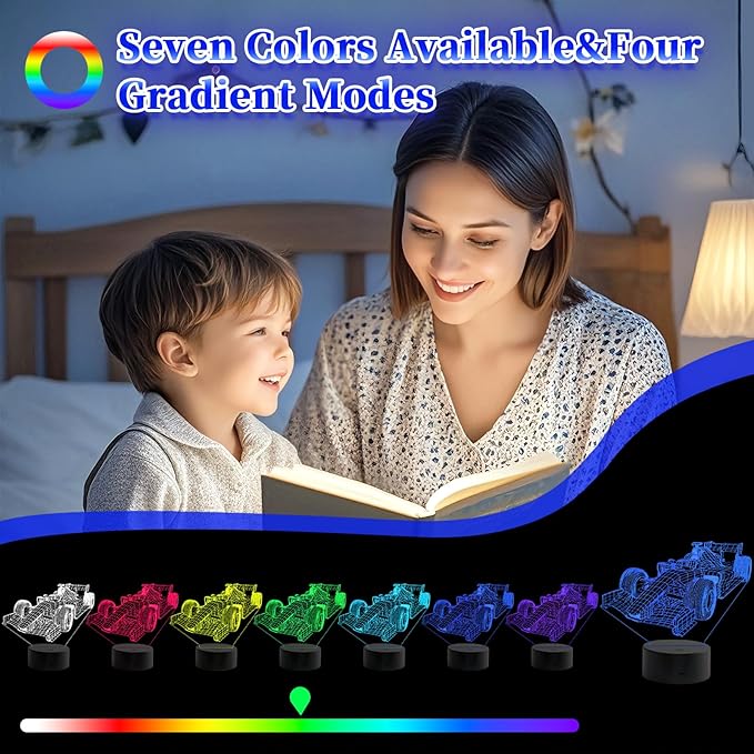 Racing Car Night Light, Formula 1 3D LED Night Lamp for Boys - Racing Cars Themed Bedroom Lamps, Optical Illusion Lamp with Remote Control, Perfect for Kids' Room Décor, Cool Gifts for Cars Lovers