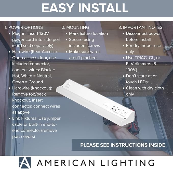 American Lighting LED Courant Plus Undercabinet Light 18 Inch White | 5CCT, 90+ CRI, 1000 Lumens, USB-A USB-C and 20A Receptacles, Title 24 Compliant