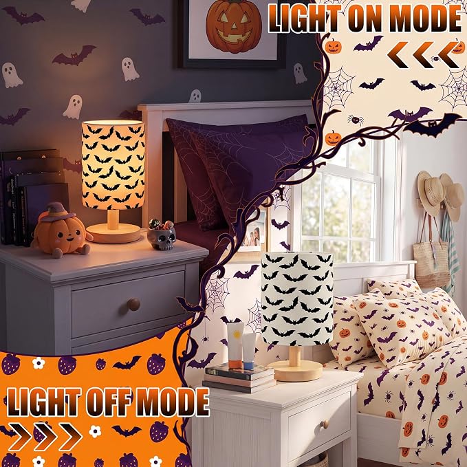 Bats Kids Table Lamp for Bedroom Kids Bedside Lamp with Linen Wooden Nightstand Cartoon Nursery Lampshade for Girls Boys Living Room