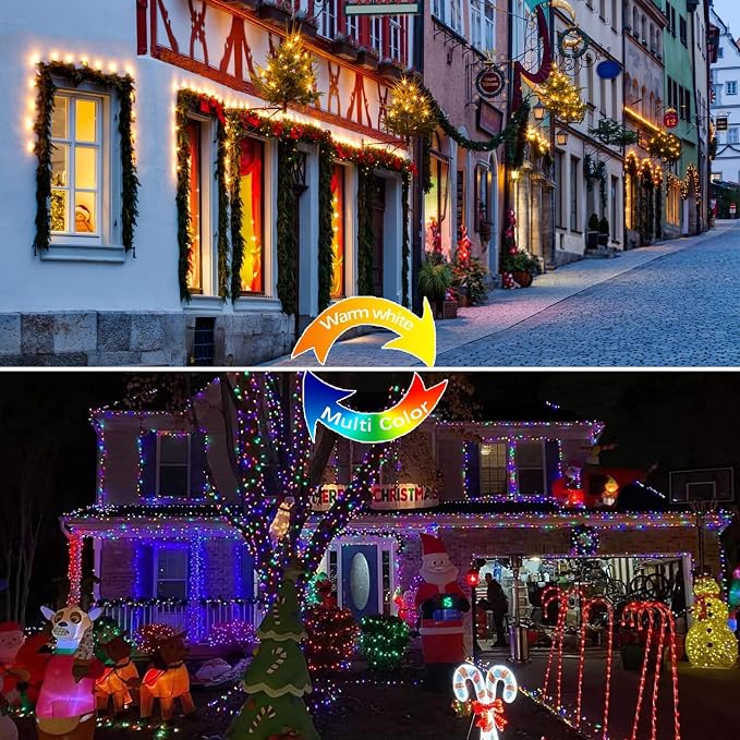 Solar Christmas String Lights Outdoor 2Pack 200LED, Warm White ⇋ Multicolor | Fairy Lights Waterproof, 8 Modes, Memory, Auto On/Off, Copper Wire Twinkle Lights for Outside Garden Tree Christmas Decor