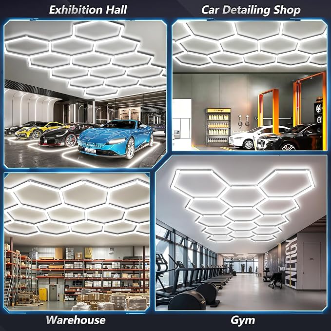 Bevenus Hexagon Garage Lights, 399W 6500K Super Bright LED Ceiling Light, Easy Install DIY Honeycomb Hex Light for Basement Workshop Warehouse Gym Car Detailing Shop (14 Grids)