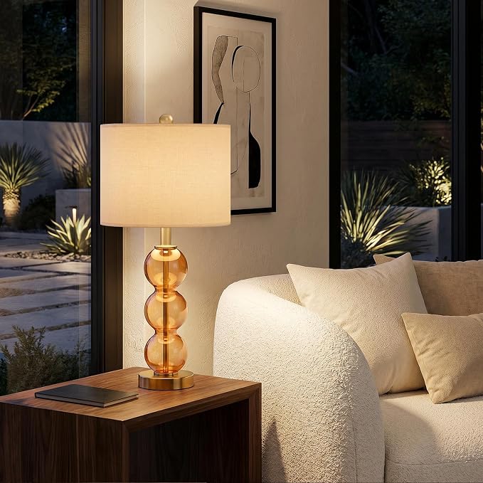 25" Amber Glass Table Lamps for Living Room, Glass Modern Table Lamp Set of 2, USB Charging Ports, Linen Shade, Bedside Lamps for Bedroom, Nightstand, Side Table (Bulbs not Included)
