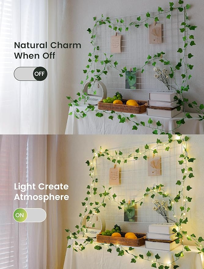 woohaha Vine with Fairy Lights,23ft 73LED Ivy String Light USB/Battery Operated with with Remote,Leaf Light for Bedroom, Room, Wall, Garden, Party, Wedding Decor (Warm White)