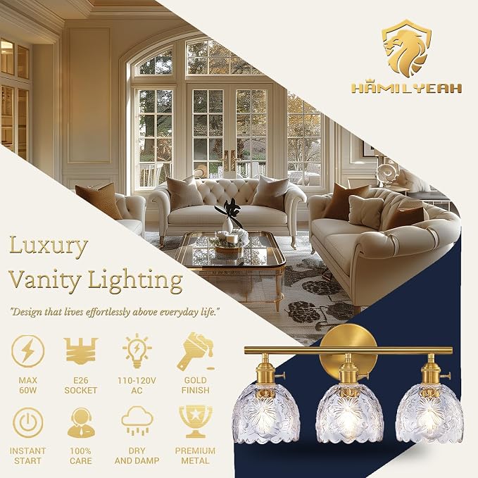 Hamilyeah 3-Light Bathroom Vanity Light Fixture, Brushed Brass Gold Wall Light with Clear Embossed Floral Glass Shades, Vintage Glass Vanity Lighting for Mirror, Powder Room, Bedroom, Hallway, Modern