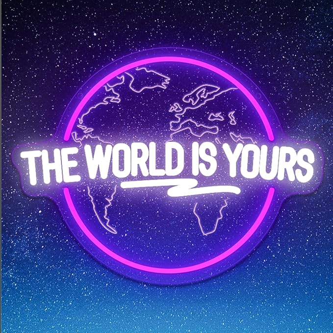 The World Is Yours Neon Sign Dimmable Carved Planet The World Is Yours LED Signs Purple Neon Sign for Bedroom Classroom Man Cave Game Room Birthday Christmas Gifts for Kids