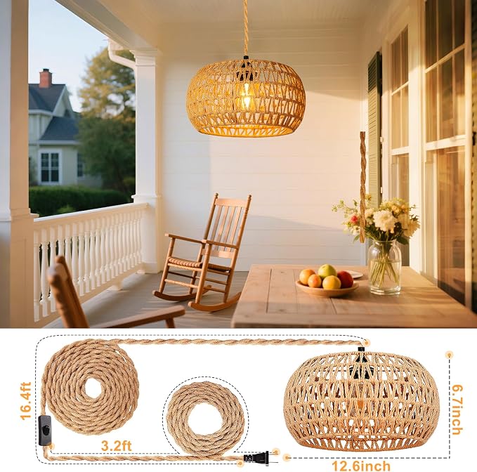 Hanging Lamps Rattan Pendant Light Hanging Lights 16.4ft Plug in Cord Pendant Light Fixture Plug Into Wall Outlet Pendant Lighting with On Off Switch for Bedroom Living