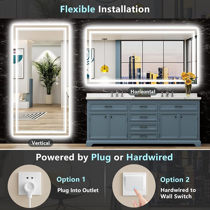 72x36 LED Bathroom Mirror, Backlit & Front Lit Lighted Mirror | Anti-Fog Vanity Mirror with Lights, 3 Color Dimmable, Memory, Shatterproof, Tempered Glass, CRI95, UL Listed, Wall Mounted