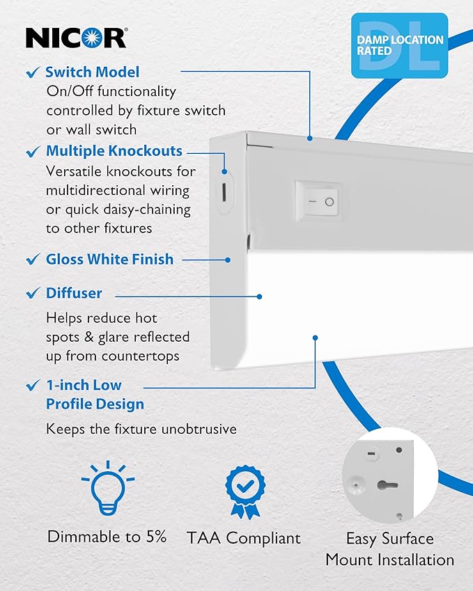 21” LED Direct Wire Under Cabinet Light with On/Off Switch - Dimmable LED Lights for Kitchen - Selectable CCT 2700K-5000K, 612-648 Lumens, 9W - UCB Hardwired Under Cabinet Lighting by NICOR Lighting