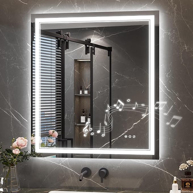 Keonjinn 32 x 36 Inch Lighted Mirrors for Bathroom Wall with Bluetooth Speaker, LED Mirror for Bathroom with Frontlit & Backlit, Tempered Glass, Dimmable 3 Colors Lights, Anti-Fog, Horizontal/Vertical