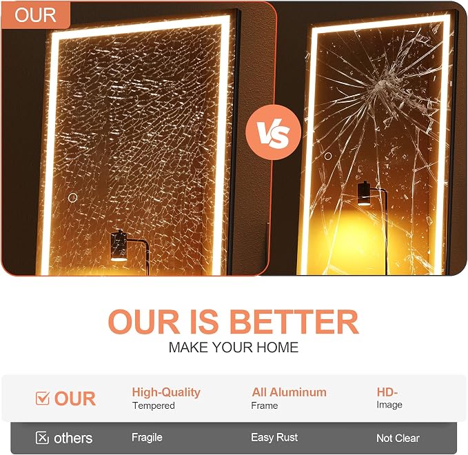 Full Length Mirror with Lights, 56" x 18" LED Lighted Floor Standing Body Mirror, Dimmable & 3 Color Lighting for Bedroom, Cloakroom, Dressing Room, Tempered Glass, Square Black