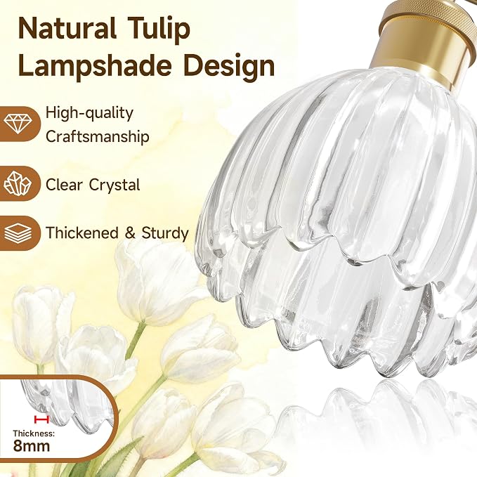 Antique Brass Bathroom Light Fixtures Over Mirror,3-Light Bathroom Vanity Lights Over Mirror,Brass Wall Lights with Clear Glass Tulip Light Shade for Bedroom,Living Room,Hallway,E26 Base