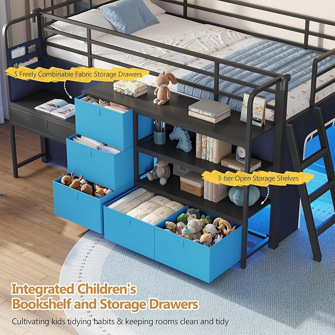 DICTAC Low Loft Bed with Desk and 6 Storage Drawers Twin Loft Bed with Bookshelf,LED Lights & Under-Bed Play Space,Kids Twin Beds with 13.8''H Safety Guardrail,Inclined Ladder&Play Curtain,Blue+Black