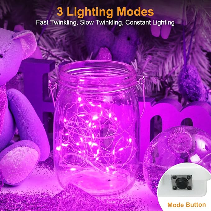btfarm 12 Pack Purple Halloween Fairy Lights Battery Operated with 3 Modes | 7Ft 20 Led Twinkle Lights, Waterproof, Bulk Mini Silver Wire for Mason Jars Spooky Party Table Centerpiece Decor