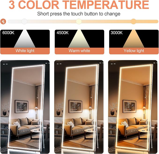 79" x 32" Full Length Mirror with Lights, Large LED Lighted Floor Standing Body Mirror, Dimmable & 3 Color Lighting for Bedroom, Cloakroom, Dressing Room, Tempered Glass, White Frame