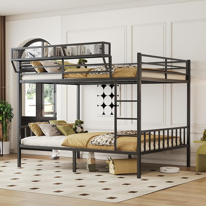 Queen Over Queen Metal Bunk Bed with Storage Shelf & USB Charging | Open Storage Shelf,2 AC Outlets,2 USB Ports,Full-Length Guardrail for Boys&Girls,Noise-Free & Stable,No Box Spring Needed