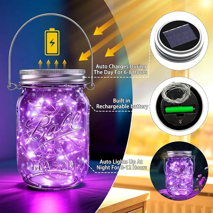 Mason Jar Solar Lights for Outside, 12 Pack 30LED(NO Jars) Fairy Firefly Lights Mason Jar Solar Lids Outdoor Waterproof String Lights with Hangers for Patio Garden Yard Lawn Decor(6 Colors)