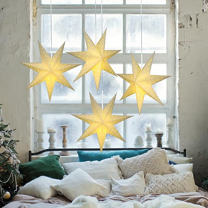 Mudder 19.7 Inch Christmas Star Paper Lantern 7 Pointed Christmas Window Lantern with 10 LED Light Strings Hanging Pendant Xmas Tree Ornaments for Holiday Decor Home(Classic,White)