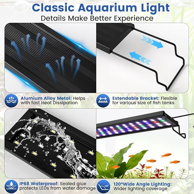AQQA Full Spectrum Aquarium Plant Light LED Fish Tank Light IP68 Waterproof with 24/7 Natural Mode & DIY RGBW Mode, 9 Colors & 10-Level Brightness Adjustable, 6 Timer Settings for 12"-18" Tank (12W)