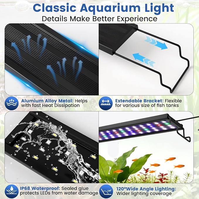 AQQA Full Spectrum Aquarium Plant Light LED Fish Tank Light IP68 Waterproof with 24/7 Natural Mode & DIY RGBW Mode, 9 Colors & 10-Level Brightness Adjustable, 6 Timer Settings for 24"-32" Tank (26W)