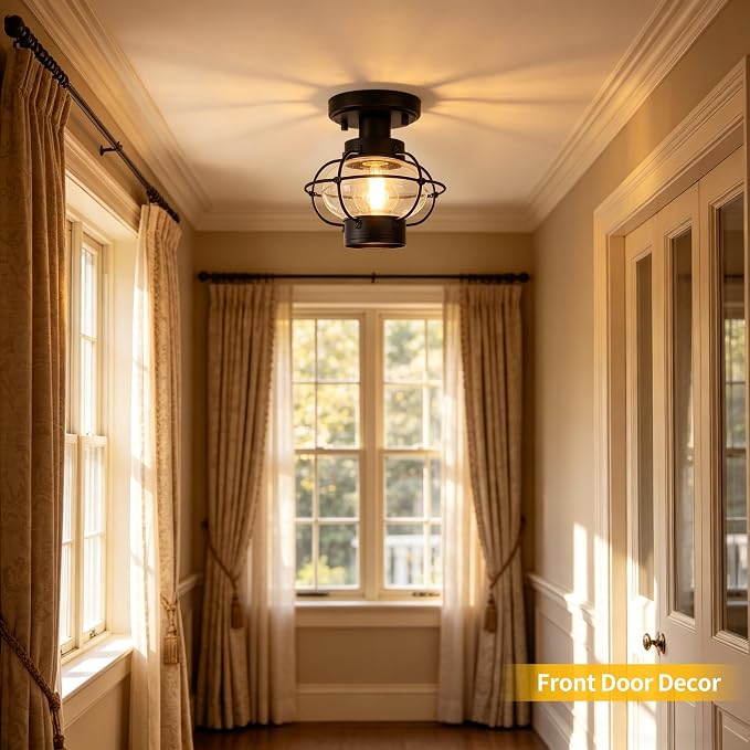 Porch Ceiling Light, Farmhouse Industrial Flush Mount, Glass Globe E26 | Indoor & outdoor use. For hallway, bedroom, balcony, stairway. Sturdy metal, hardware included, easy install.