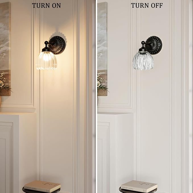 Battery Operated Wall Sconce, Vintage Wall Light, 2 Pack, Clear Tulip Glass | Black Metal Base, 5200mAh Rechargeable, Dimmable LED, Remote Control, Cordless, Bedside, Bedroom, Doorway, Living Room