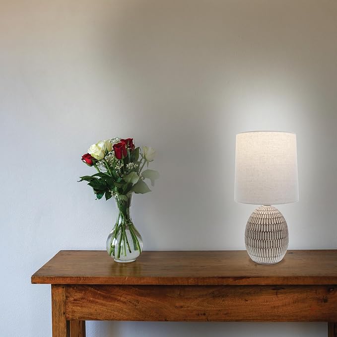 XTREME Ceramic Table Lamp with Shade, 12.75” inch Carved Textured Table Lamp, Brown Modern Lamp with Beige Shade, Small Bedside Lamp for Bedroom Nightstand, Living Room, Requires E26 Bulb