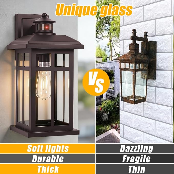 Brilvibera Motion Sensor Outdoor Wall Sconces Hardwired 16" Bronze | Outdoor Sconce Lights Dusk to Dawn for House, Doorway, and Garage, Rustic Brown Motion Sensing Outside Porch Light