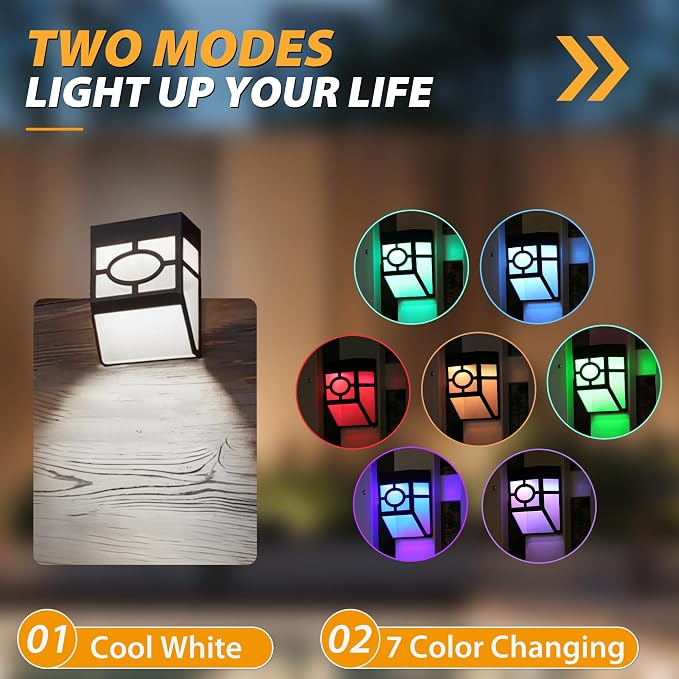 Otdair Solar Deck Lights Outdoor, 2 Modes Decorative Solar Fence Lights with RGB 7 Colors & Cold White, IP65 Waterproof Garden Decor for Yard, Patio, Front Door, Post, Landscape 8 Pack