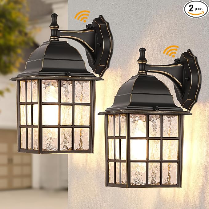 Black Dusk to Dawn Outdoor Lights for House with Gold Rim, Sensor Exterior Lighting Fixtures Wall Mount, Waterproof Porch Lights, Wall Lantern Lamp, Outside Sconce for Front Door, Garage 2 Pack