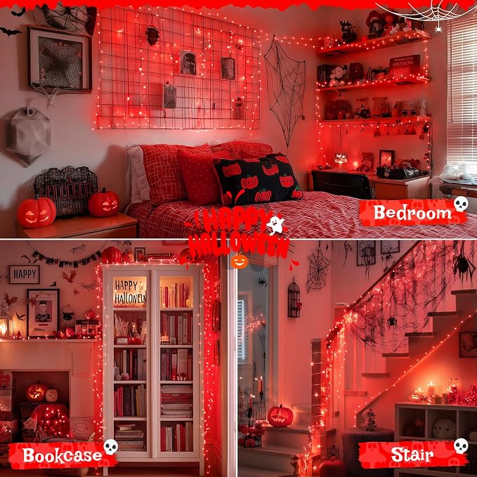 JMEXSUSS 2 Pack Fairy Lights Battery Operated, Red Lights for Halloween | Total 400 LED 132ft, Remote Control, Waterproof, 8 Modes Twinkle String Lights for Bedroom Wreath Xmas Indoor Outdoor Decor