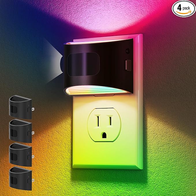 Motion Sensor Night Light, Night Lights Plug into Wall, RGB | 8-Color RGB Night Light, Motion Sensor, Dusk to Dawn, for Bedroom, Bathroom, Hallway, 4 Packs