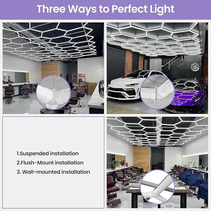 Hexagon Garage Led Lights Dimmable- Hexagon LED Lights, 6500K 17280LM Car Ceiling Detailing Shop Lights for Garage, Basement, Workshop, Warehouse, Gym, Barber, Auto Beauty Shop 5-Pack