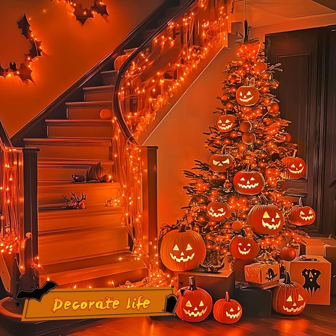 JMEXSUSS 200 LED Orange Fairy Lights Plug in | 8 Modes Orange Halloween Lights Indoor with Wheel, 66 ft Remote Control Thanksgiving Light for Thanksgiving Party Gift