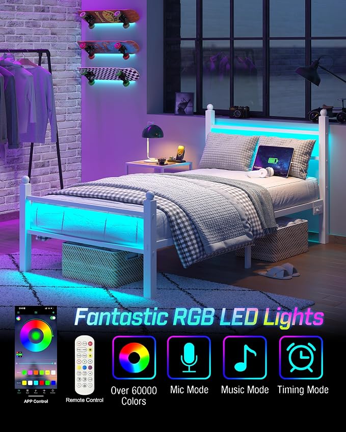 CollaredEagle Twin Bed Frame with LED Lights and Charging Station, White | Twin Size/ Metal Frame/ Built-in Charging Station/ RGB LED Lights/ Noise-Free/ 10.8 inch Under-Bed Storage